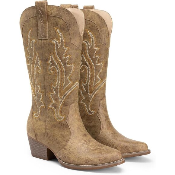Brand New Women's Tan Faux Leather Chunky Heel Embroidery Stitched Western Boot - Picture 3 of 7